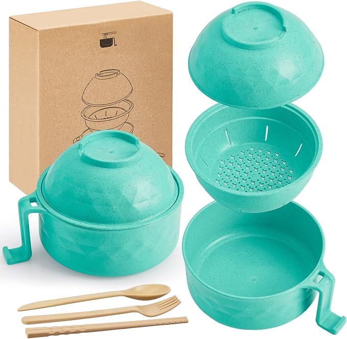 1 Set Microwave Ramen Cooker 40oz Wheat Straw Microwave Noodle Bowl Set with Chopsticks, Spoon, Fork, College Dorm Office Apartment Essentials (Mint Green)