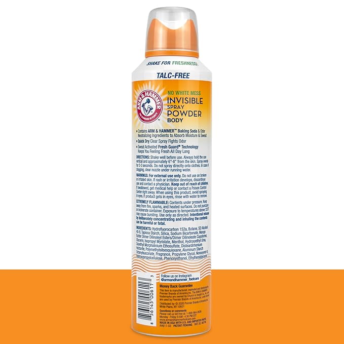 Arm & Hammer Invisible Body Powder Spray, Clear Talc-Free Body Odor & Sweat Control For Men & Women, Spray Body Powder For Women And Men, Arm And Hammer Body Spray Powder, 7 Oz (3 Pack)