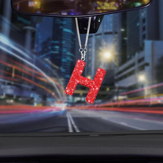 Bling Letter H Car Charm Pendant Letter Hanging Ornament for Rear View Mirror Decoration (Red, H)