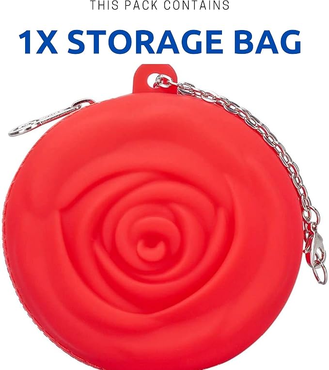 Adorable Pink Peri - Menstrual Period Cup Case Storage Bag | Rose Design + Silicon Material | Easy to carry, clean, and use | Metal Chain attached | Multi-use for any small items - Red
