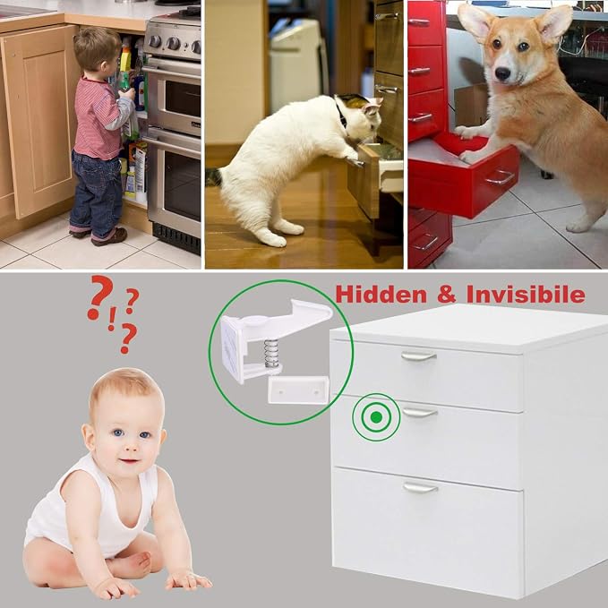 Cabinet Locks Child Safety Latches - OKEFAN 12 Pack Baby Proofing Cabinets Drawer Lock Adhesive Latch for Kids Proof Drawers No Drilling Tools Needed (White)
