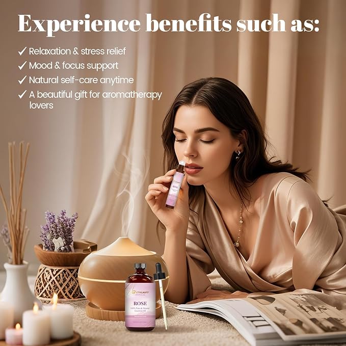 Rose Essential Oil, 100% Natural Rose Oil Premium Grade for Diffusers, Skin Care, Massage, Humidifiers, DIY Candles, Soap Making, with Glass Dropper