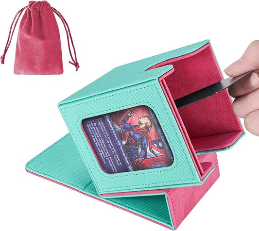 AFIING MTG Deck Box for Commander Display,Card Deck Case Fits 100 Double Sleeved Cards, Magic Commander TCG Card Storage Box with 2 Dividers,Dice Bag and 1 Toploader(Green Rose pink)