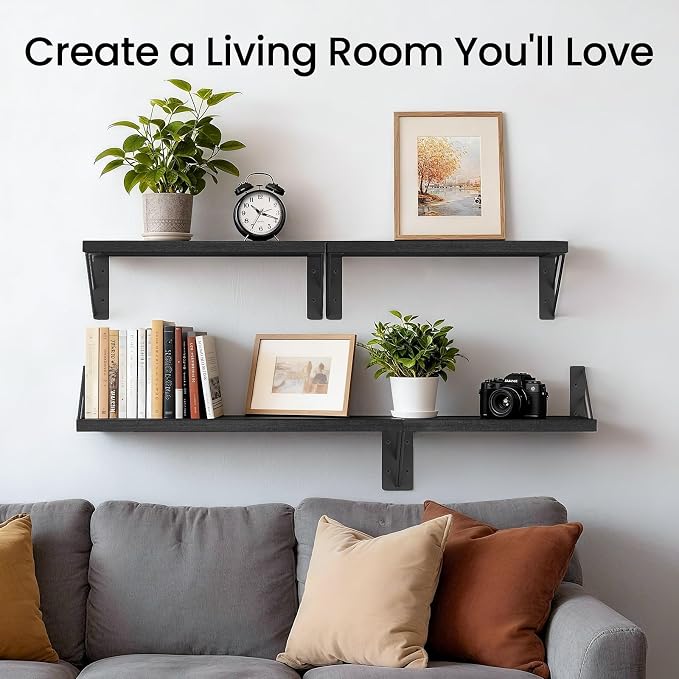 BAYKA Wall Mounted Floating Bathroom Shelves, Wood Floating Wall Shelf for Bathroom Essentials & Decor, Small Space-Saving Display & Organizer（Black，Set of 3）