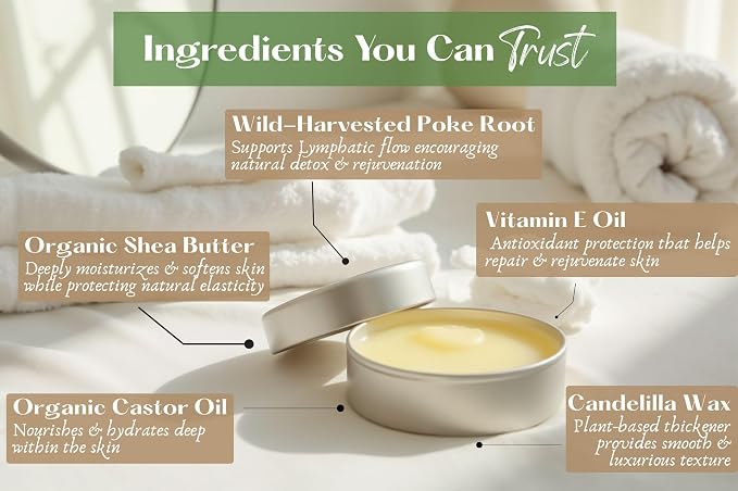 Poke Root & Castor Oil Salve - Cysts, Boils, Fibroids, Swollen Lymph Nodes, Breast & Joint - Vegan Lymphatic Support Massage Balm - Natural Deep Tissue Relief Ointment (4oz)