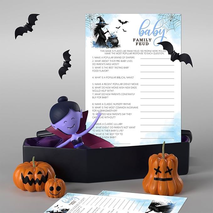Hilarious Baby Shower Games, 25 Sets Halloween Baby Family Feud + Answer Card, Blue Witch Gender Reveal Game Cards for Party Announcement Supplies - B08