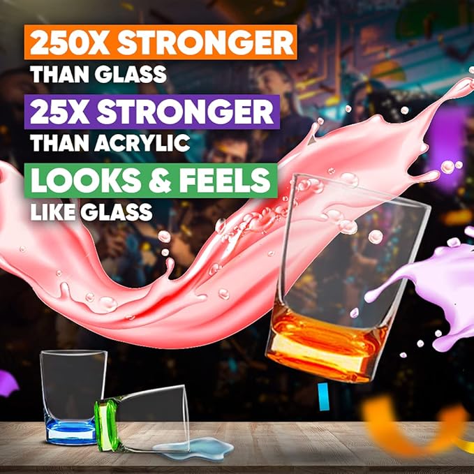 SWOOC Games - Unbreakable Shot Glasses Set (6 Pack) - 250x Stronger Than Glass, 25x Stronger Than Acrylic - Colorful & Dishwasher-Safe - 1.5oz Reusable Drinkware for Indoor/Outdoor - DUNZO Compatible