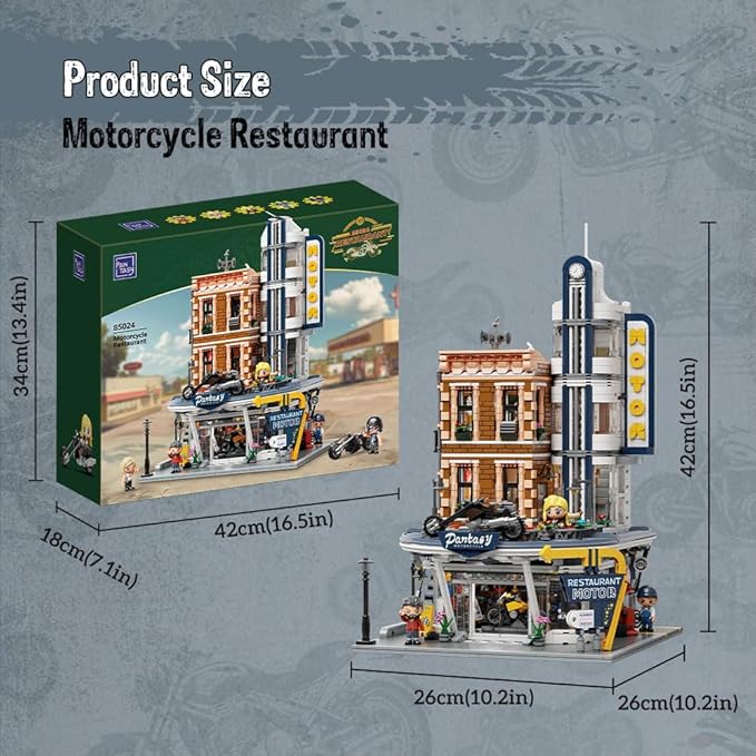 Retro Motorcycle Diner & Bar Building Set - Modular Street Corner Architecture Kit with Interactive Doors, Openable Walls, 4 Motorcycles & 5 Exclusive Minifigures for Display & Play
