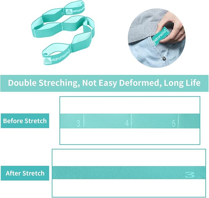A AZURELIFE Elastic Yoga Stretching Strap, Multi-Loop Stretch Strap for Physical Therapy, Pilates, Yoga, Dance & Gymnastics Exercise and Flexible Pilates Stretch Band