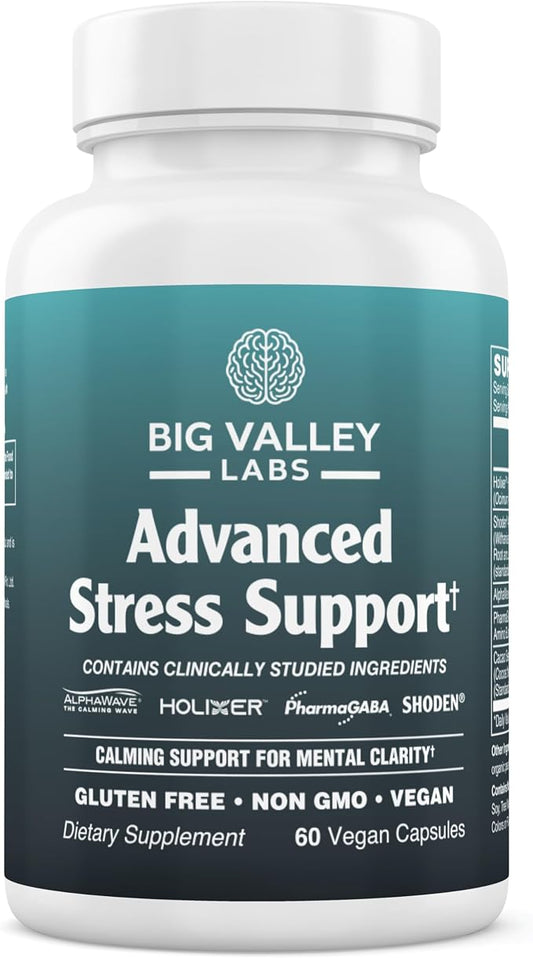 Advanced Stress Support – Holy Basil, Shoden® Ashwagandha, AlphaWave® L-Theanine, PharmaGABA®, Cacao Theobromine – Calm & Clarity Formula – Vegan, Non-GMO, Gluten-Free – 60 Capsules