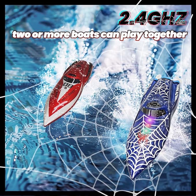 Mini Remote Control Boat RC Boat 2.4Ghz 360 Rotating LED Lights bulit-in Rechargeable Battery Swimming Pool BathtubToys Remote Control Boats for Kids 8-12 Years Birthday Gift Spider
