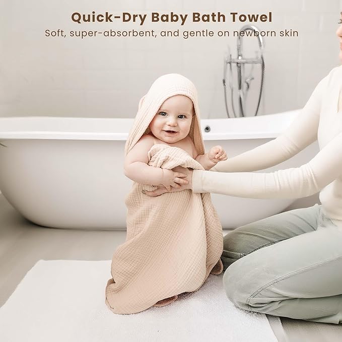 Konssy 2-Pack Muslin Hooded Baby Towels, 100% Cotton, Ultra-Soft & Absorbent Baby Bath Towels with Hood for Newborn & Infant (Cream, Camel,32" x 32")
