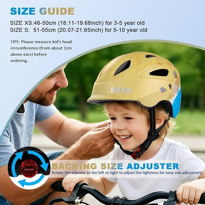 Kids Bike Helmet with LED Light, SIFVO Youth Toddler Boys Girls Helmets,2 Size Adjustable for Ages 3-5-10,Multi-Sport for Bicycle, Scooter, Skateboard,46-55cm