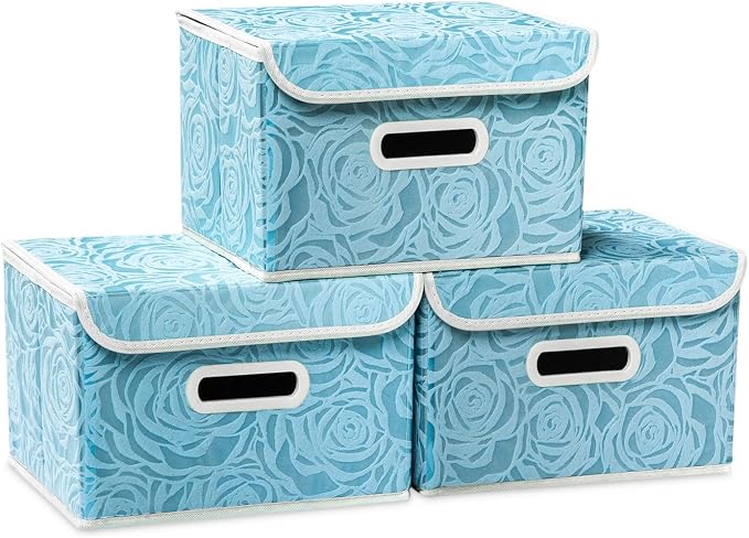 Collapsible Storage Boxes with Lids Fabric Decorative Storage Bins Cubes Organizer Containers Baskets with Cover Handles Divider for Bedroom Closet Living Room 9.8x7.9x6.7 Inch 3 Pack