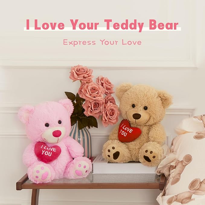 MaoGoLan Small Teddy Bear with Red Heart, I Love You Valentines Teddy Bear Stuffed Animal Pink,Velvet Red Heart Bear Gift for Kids,Girlfriend,Wife,12"