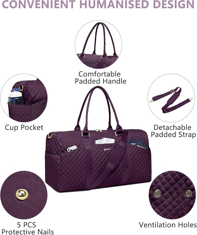 Women Weekender Travel Duffle Bag: Travel Duffel Overnight Bags with Shoe Compartment Large Carry on Tote with Toiletry Bag Weekend Traveling Yoga Gym Hospital Bag for Women with Wet Pocket Purple