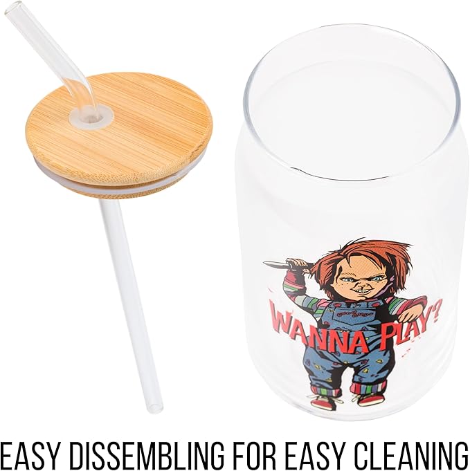 Silver Buffalo Chucky "Wanna Play" Scary Glass Jar Tumbler with Bamboo Lid and Glass Straw, 16 Ounces
