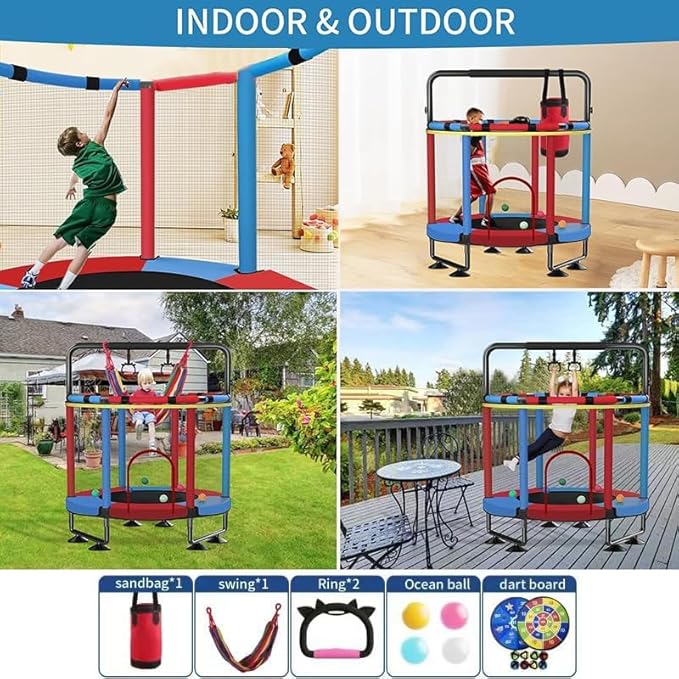 Trampoline for Kids, Upgrade Full Anti-Rust 440lbs Indoor Outdoor Toddler Trampoline with Net, 55" Adjustable Baby Toddler Trampolines Accessories Dart Board
