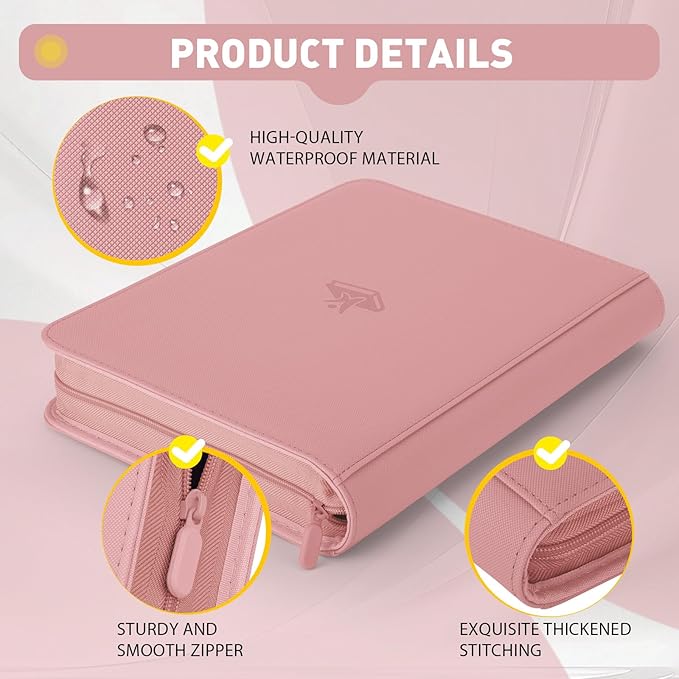 Trading Card Binder 9 Pocket, 360 Pockets Double-Sided Card Album, Premium PU Leather Zipper Card Holder for MTG, TCG, Sports & Game Cards, Must-Have for Collectors（Pink）