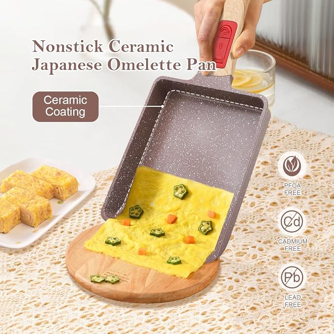 AIKENBBKK Tamagoyaki Pan Ceramic, Japanese Omelette Pan Nonstick, Japanese Egg Pan, Square Egg Pan, Induction-Ready, Detachable Handle, with Silicone Spatula, PFAS&PFOA-Free,Oven Safe,Brown,7.5”x6.8”