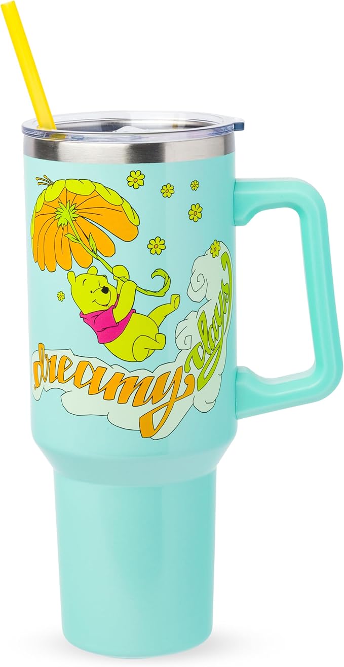 Silver Buffalo Disney Winnie the Pooh “Dreamy Days” Retro Art Double Walled Stainless Steel Tumbler with Handle and Straw, Fits in Standard Cup Holder, 40 Ounces