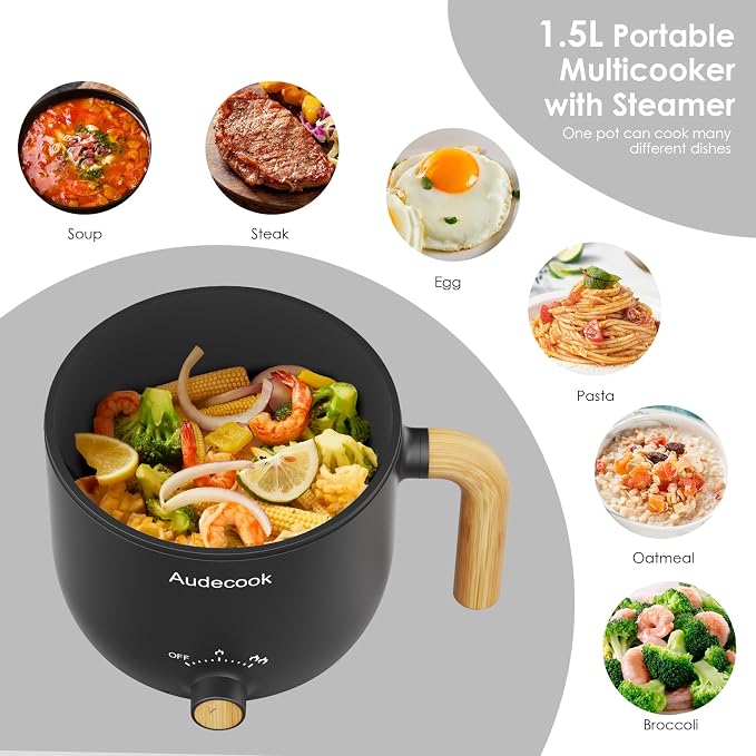 Audecook Hot Pot Electric with Steamer, 1.5L Portable Nonstick Rapid Noodles Cooker, Travel Electric Skillet with Dual Power Control for Ramen/Pasta/Soup/Steak/Egg/Oatmeal (Black)