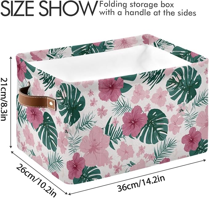 Aslsiy Storage Basket Hibiscus Flower Pink Nursery Bins Monstera Leaf Baby Box Canvas Clothes Shelf Basket Laundry Hamper 1 Pcs