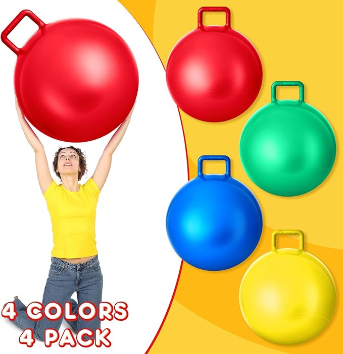 Lewtemi 4 Pcs 22 Inch Hopper Ball Carnival Outdoor Games Jumping Hopping Inflatable Bouncing Ball with Handle and Air Pump for Adult Sport Exercise