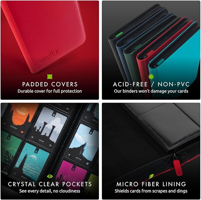 Vault X 12 Pocket Zip Binder, 480 Cards, Exo-Tec Material, 20 Side-Loading Pages (Red)