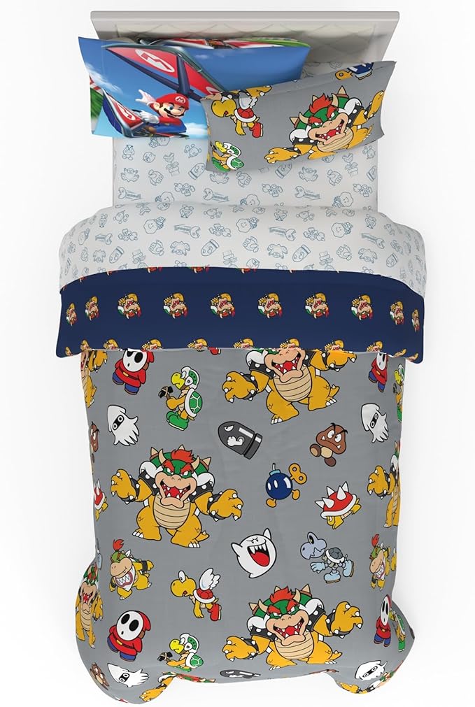 Nintendo Super Mario Bowser Bedding Set, Twin Size 5 Piece Set Kids Super Soft Cozy Reversible Comforter and Sheet Set with Sham, (100% Officially Licensed Product) by Franco