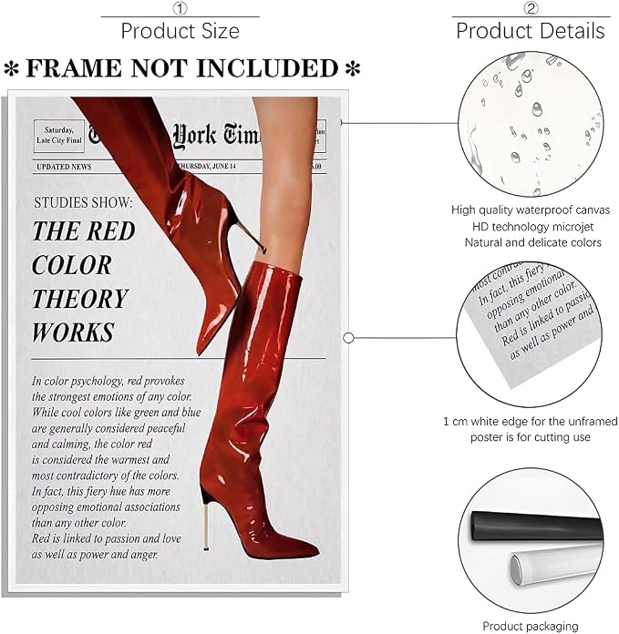 LEKDRA Vintage Color Theory Newspaper Poster Retro Fashion Red Boots Canvas Wall Art Funky Girl Room Decor Feminist Quote Print Wall Decor Aesthetic for Girly Bedroom Home Dorm 16x24inch Unframed