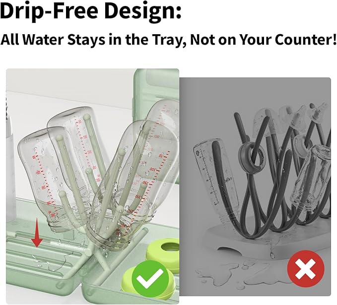 YOTIME Travel Bottle Brush Set, Auto-Open Rack & Vertical Brushs Drying Slots, 3 Brushes, Foldable Drying Rack, Dispenser, Travel Baby Essentials for On-The-Go Parents, Transparent Green