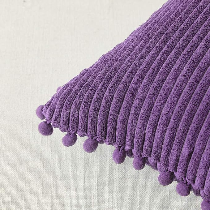 Fancy Homi Pack of 2 Boho Lumbar Decorative Throw Pillow Covers with Pom-poms, Soft Corduroy Solid Rectangle Cushion Cases Set for Living Room Couch Sofa Bedroom Car (12x20 Inch/30x50 cm, Purple)