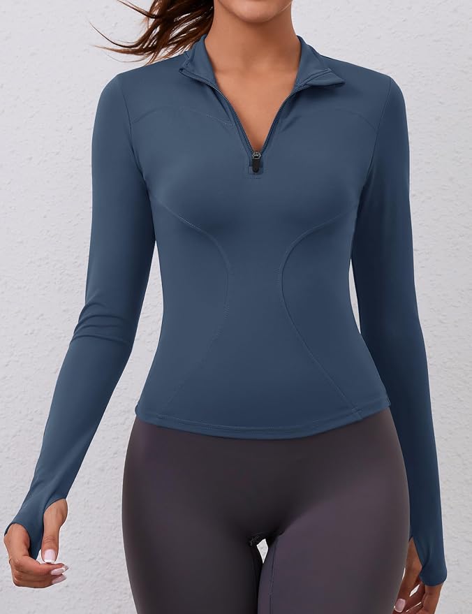 LOMON Womens Long Sleeve Workout Tops Quick Dry Quarter Zip Pullover Crop Yoga Athletic Slim Fit Shirts