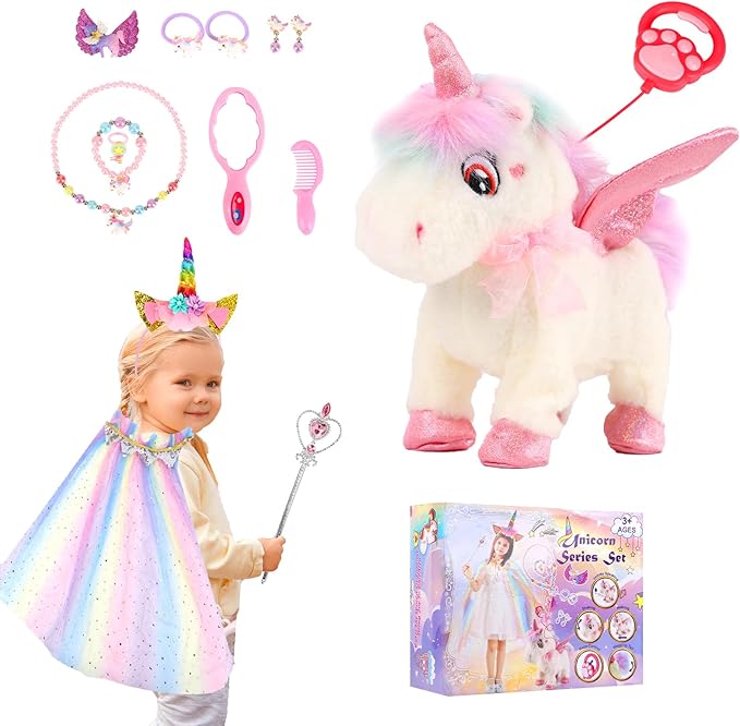 Dollox Electronic Unicorn Pets Toys for Girls Age 3-6, Interactive Walking Talking Plush Horse with Remote Control, Toddler Unicorn Pretend Play Toy with Dress-Up Jewelry Set Kid Birthday Gift
