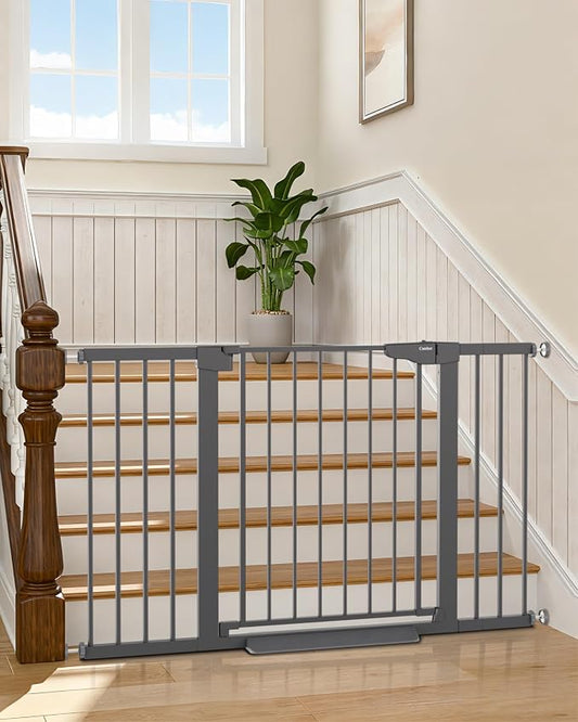 Cumbor 30-51.5" Extra Wide Baby Gate for Stairs, Pressure Mounted Dog Gate Indoor with Self-Closing Walk Through Door, Mom's Choice Award Winner, Child Safety Double-Lock, Cool Gray