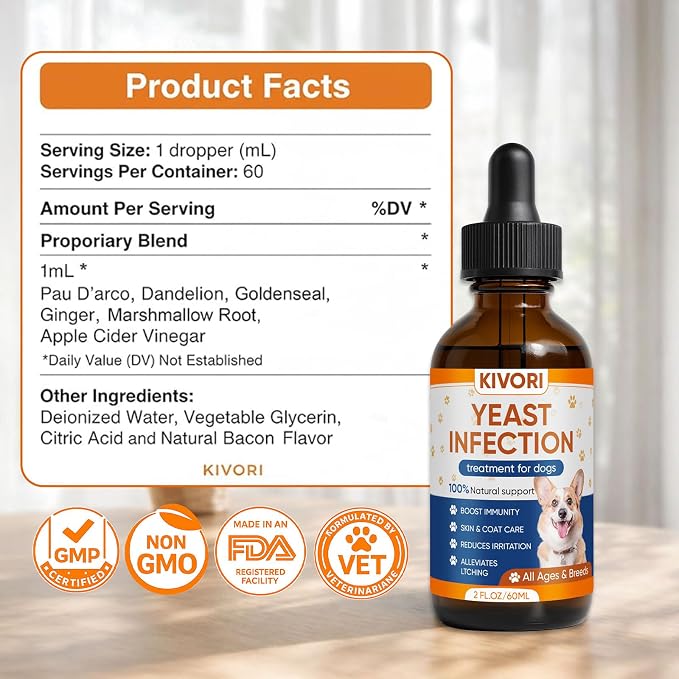 Yeast Infection Treatment for Dogs - Dog Ear, Paw & Skin Itch Relief, Improves Coat & Skin, Inflammation Relief - All Breeds & Sizes - 2 fl oz (60ml) (1)