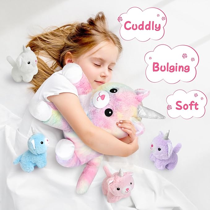 KMUYSL Toys for Ages 3 4 5 6 7 8+ Years - Plush Mommy Stuffed Animal with 4 Babies in Her Tummy, Soft Plush Toys Set, Christmas Birthday Gifts for Girls Boys Baby, Toddler, Kids (Unicorn Cat Toys)