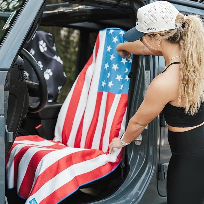 Sprints Athletic Running Towel, Full-Sized, Car Seat Cover - Performance Microfiber (American Flag w/Snaps)