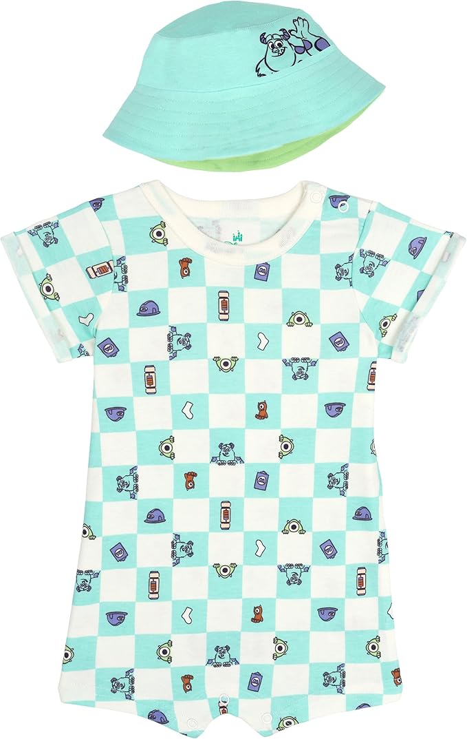 Disney Baby Romper and Reversible Bucket Sun Hat Outfit Set Newborn to Infant Sizes (Newborn - 24 Months)