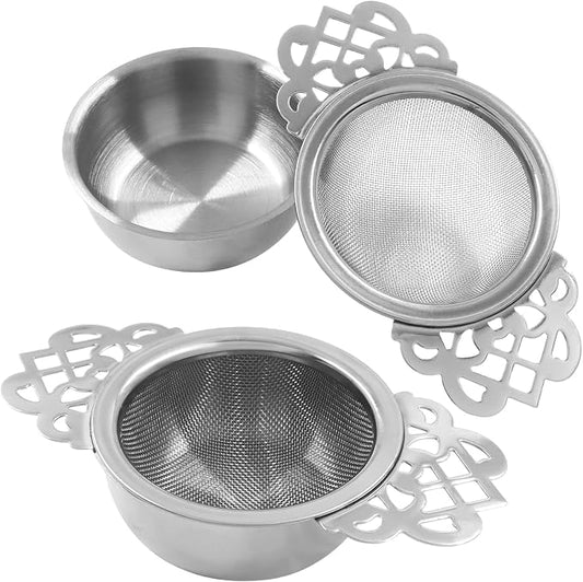 2 Pack Fine Mesh Tea Strainers with Drip Bowls, Stainless Steel Loose Leaf Tea Filter, Double Wing Handles for Mugs & Cups 2.5-4 Inch Mouth, Silver