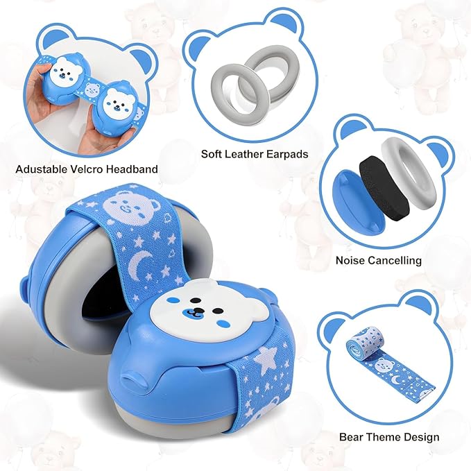 Baby Earmuffs-Infant Ear Protection for Babies 0-36 Months,Infant Headphones with Little Bear Design Noise Cancelling Headphones for Improves Sleep,Baby Travel Essentials for Airplane/Sleep
