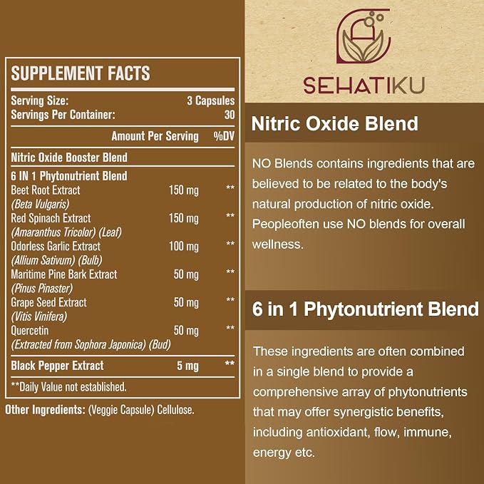 SehatiKu Nitric Oxide Supplement, Nitric Oxide Booster & 6-in-1 Phytonutrient Blend for Heart, Flow, Immune - 90 Capsules (2 Bottle)