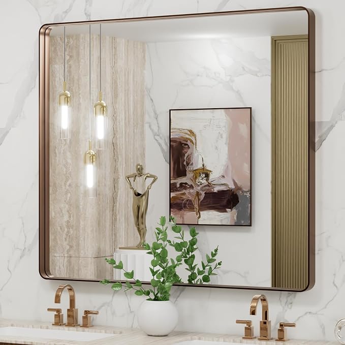 LOAAO 40"X36" Bronze Bathroom Mirrors for Vanity | Rounded Rectangle, Brushed Bronze Metal Frame, Anti-Rust, Tempered Glass, Hangs Horizontally or Vertically
