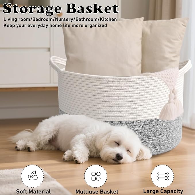 65L Large Blanket Basket,Woven Rope Laundry Basket-White&Grey | Collapsible, reinforced handles, nursery storage bin organizes clothes, toys and pillows for living room, bedroom bathroom