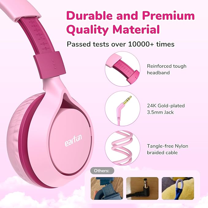 EarFun S1 Kids Headphones, Foldable Wired Headphones for Kids, 85dB Volume Limit, Stereo Sound, Adjustable Headband, Portable Lightweight On-Ear Headphone for School/Travel/Boys/Girls/PC, Pink