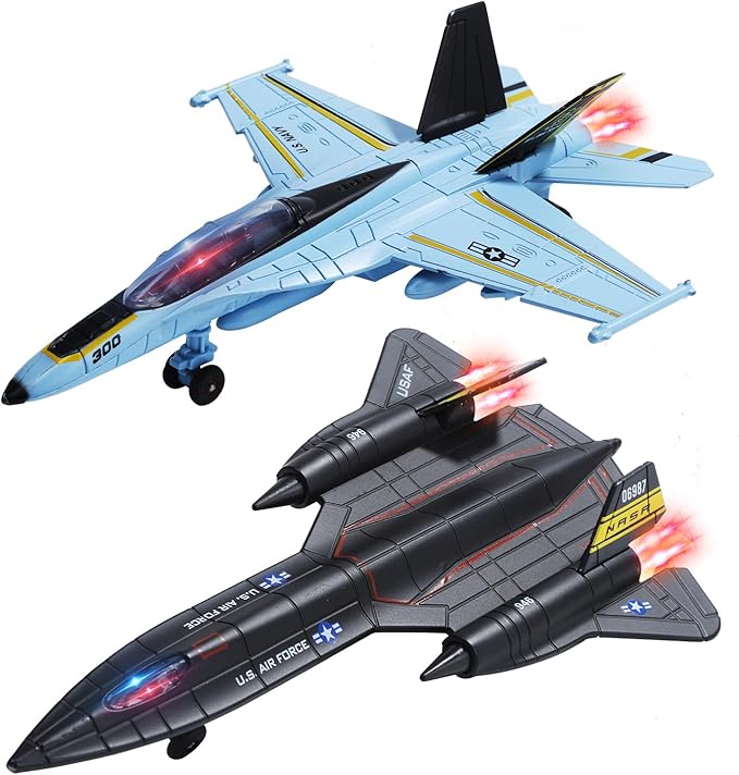 Double Fighter Jet Toy, F18 & SR71 Diecast Planes with Lights & Sounds, Pull Back Military Airplane Toy, Great Christ Gift for Toddler,Kids, Boys