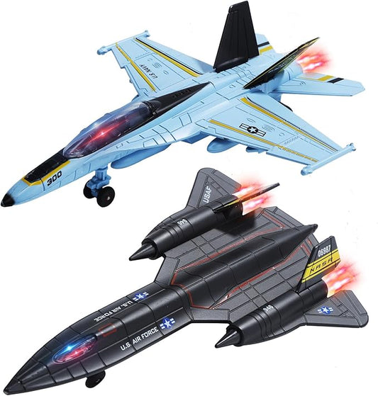 Double Fighter Jet Toy, F18 & SR71 Diecast Planes with Lights & Sounds, Pull Back Military Airplane Toy, Great Christ Gift for Toddler,Kids, Boys