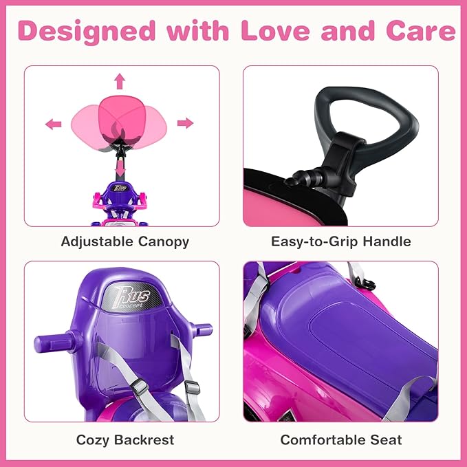 Costzon Push Car for Toddlers, 3 in 1 Stroller Sliding Walking Car with Handle, Canopy, Seat Belt, Horn, Music & Lights, Under-Seat Storage, Guardrail, Foot-to-Floor Ride On Toy for Boys Girls (Pink)