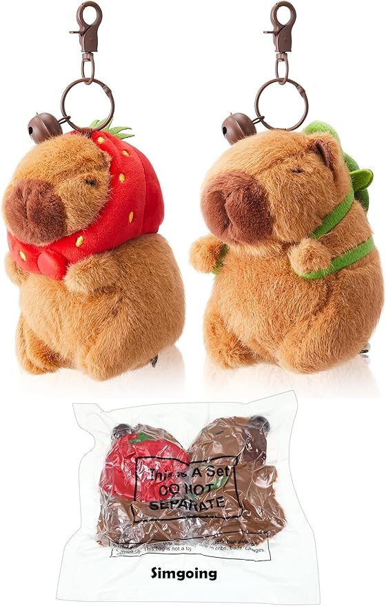 2 Pcs Capybara Plush Keychain Capybara Stuffed Animals Plush Pendant for Christmas Gifts Exchange Birthday Party(Turtle Bag, Strawberry Hood)